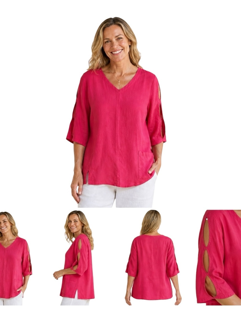 Soft Surroundings Tunic Top Hot Pink Cutout 3/4 Sleeve 100% Cotton Pullover Sz M